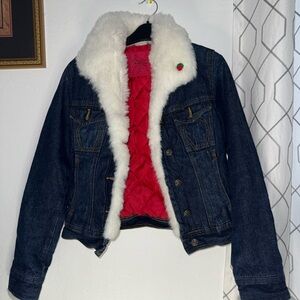 Arizona Jean Company Dark Blue Jean Jacket with White Fur Collar